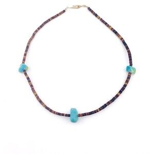 Vintage Turquoise Pebble Brown Shell Heishi Southwestern Choker Necklace 15.25"